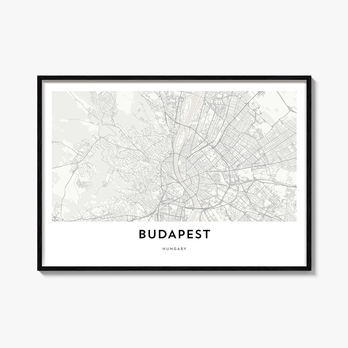 Budapest black & white map poster of Hungary – horizontal wall art, unframed print shown in interior mockup