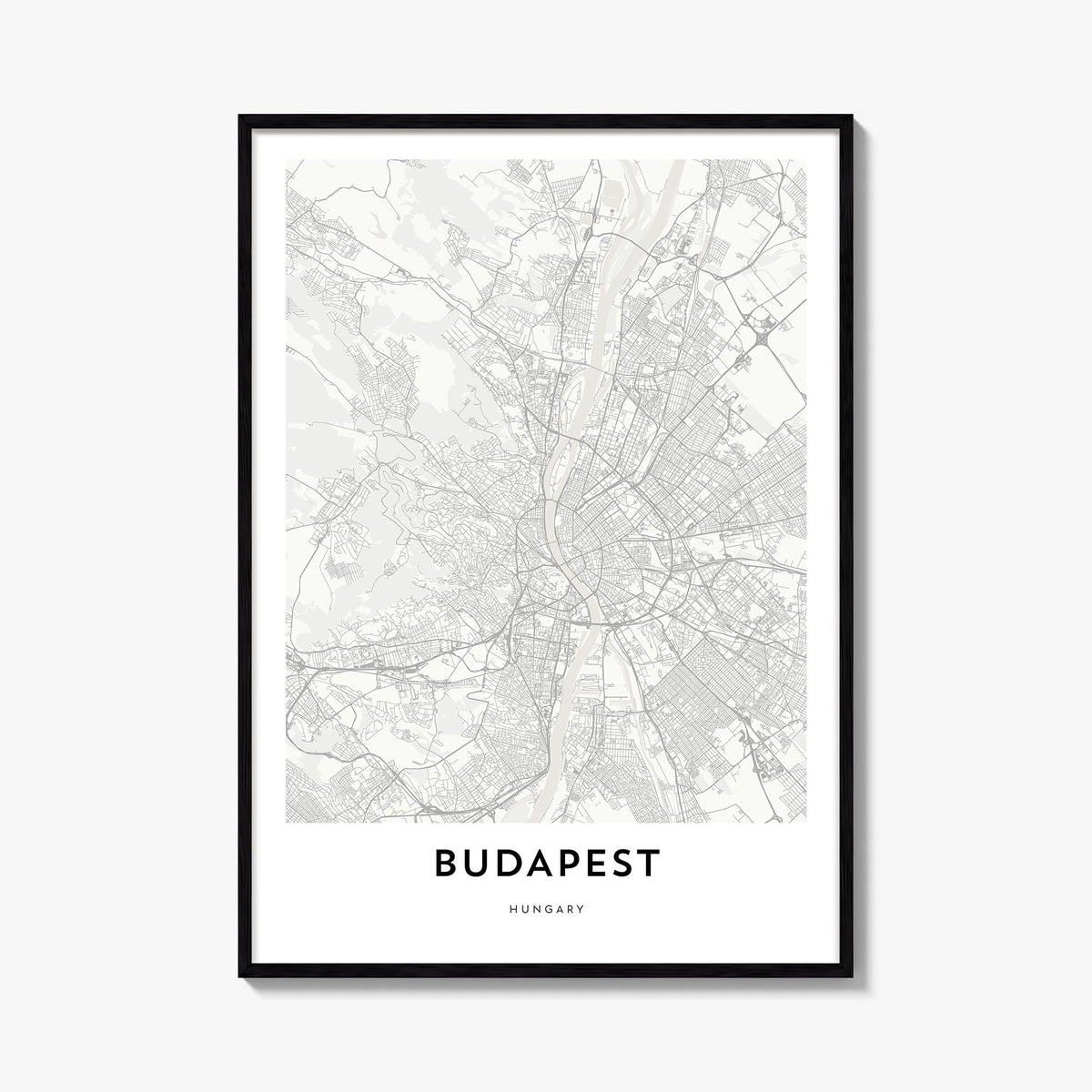 Budapest black & white map poster of Hungary – vertical wall art, unframed print shown in interior mockup