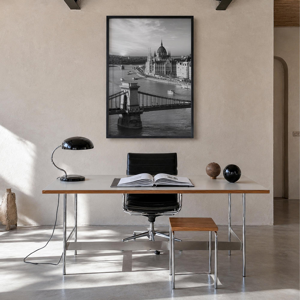 Budapest black & white photo poster of Hungary – vertical wall art in black wood frame, hanging on wall