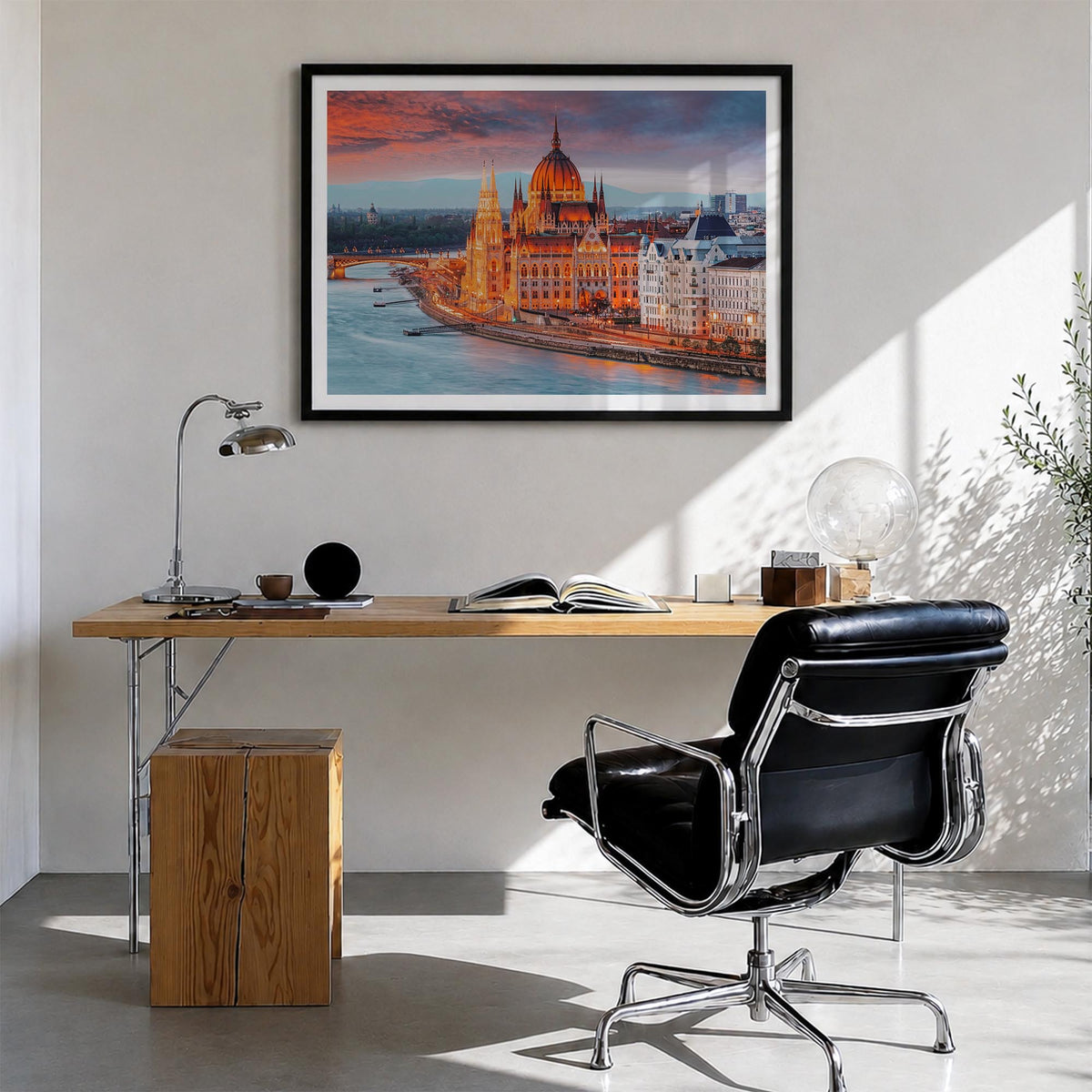 Budapest colorful photo poster of Hungary – horizontal wall art in black wood frame with white border, hanging on wall