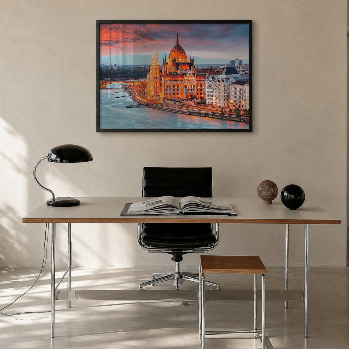 Budapest colorful photo poster of Hungary – horizontal wall art in black wood frame, hanging on wall