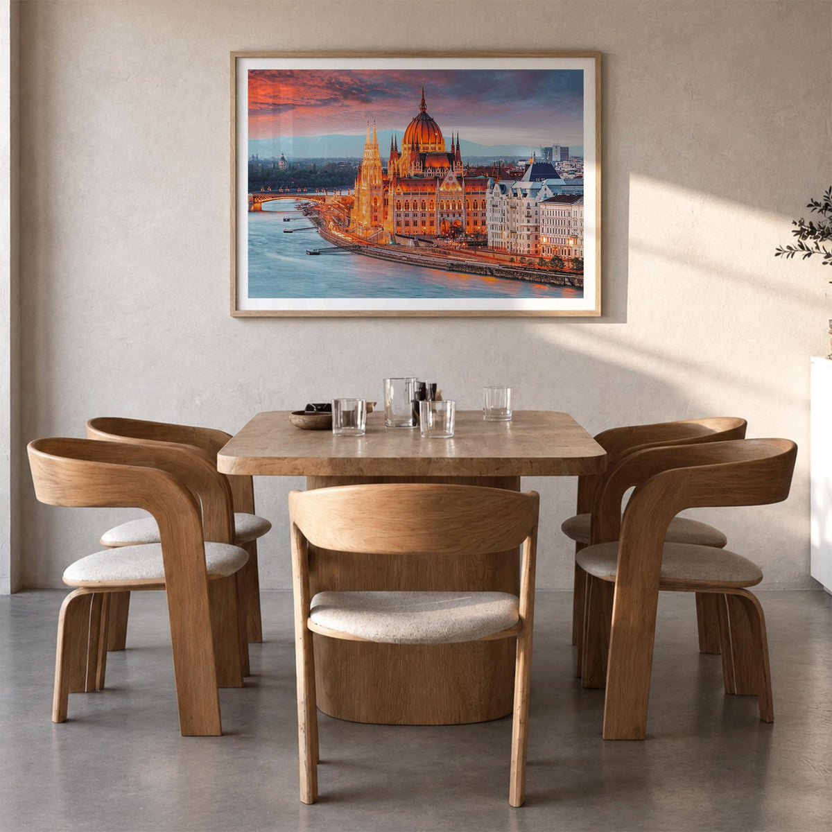 Budapest colorful photo poster of Hungary – horizontal wall art in natural wood frame with white border, hanging on wall