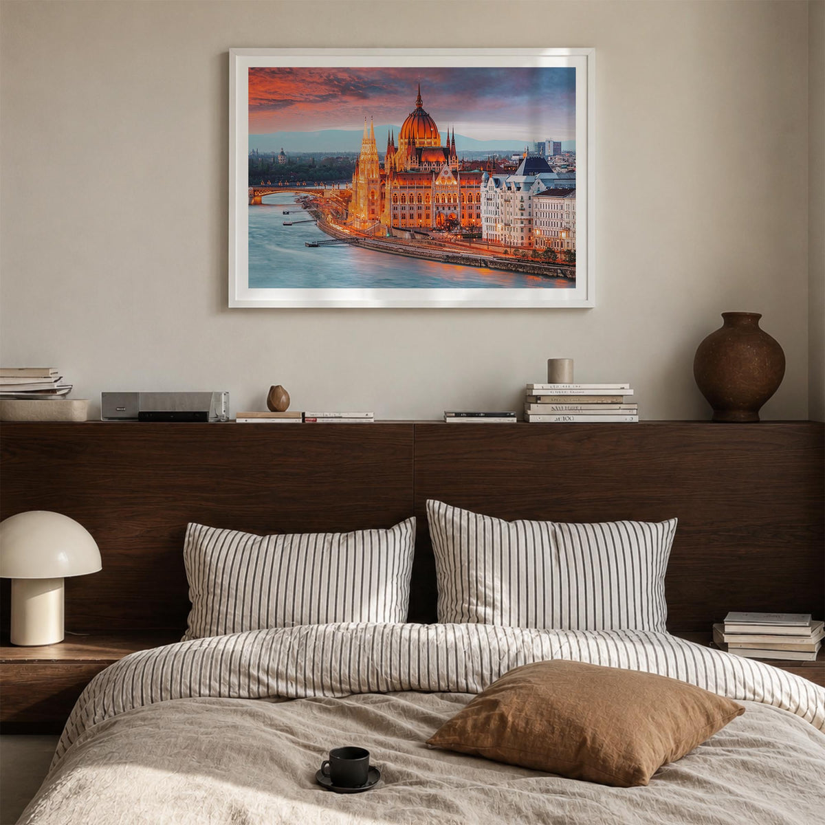 Budapest colorful photo poster of Hungary – horizontal wall art in white wood frame with white border, hanging on wall