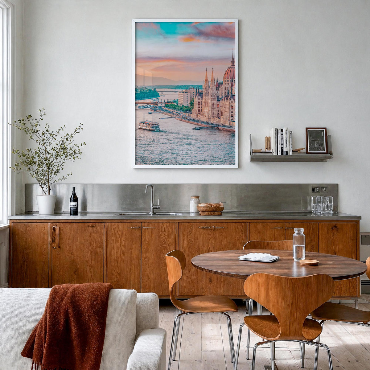 Budapest no. 1 colorful photo poster of Hungary – vertical wall art in white wood frame, hanging on wall