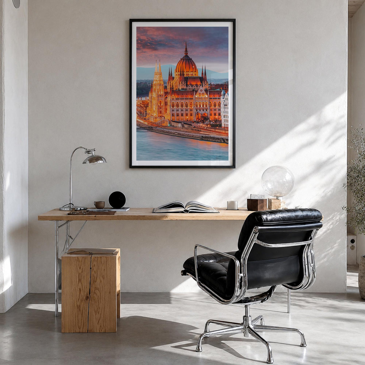 Budapest no. 2 colorful photo poster of Hungary – vertical wall art in black wood frame with white border, hanging on wall