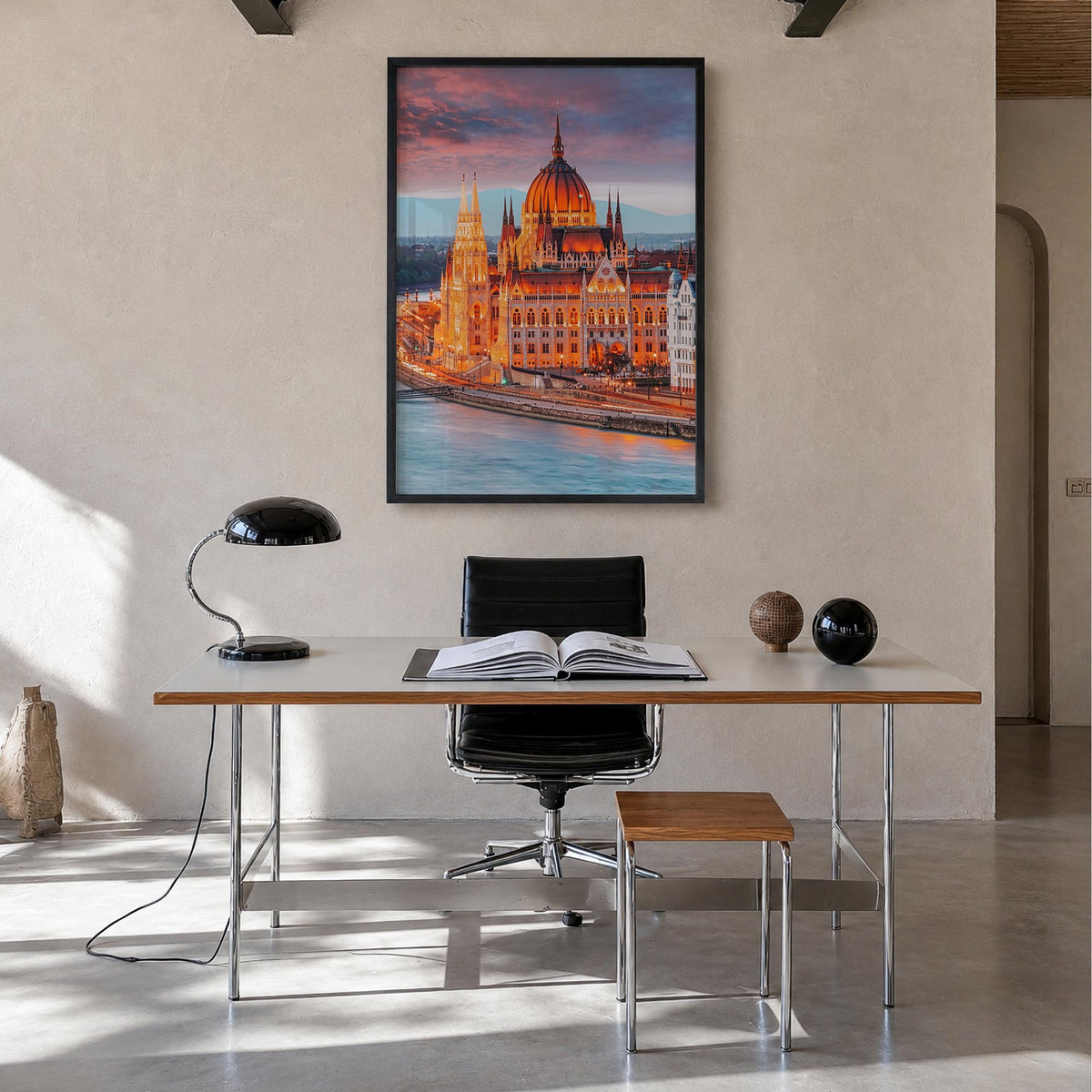 Budapest no. 2 colorful photo poster of Hungary – vertical wall art in black wood frame, hanging on wall