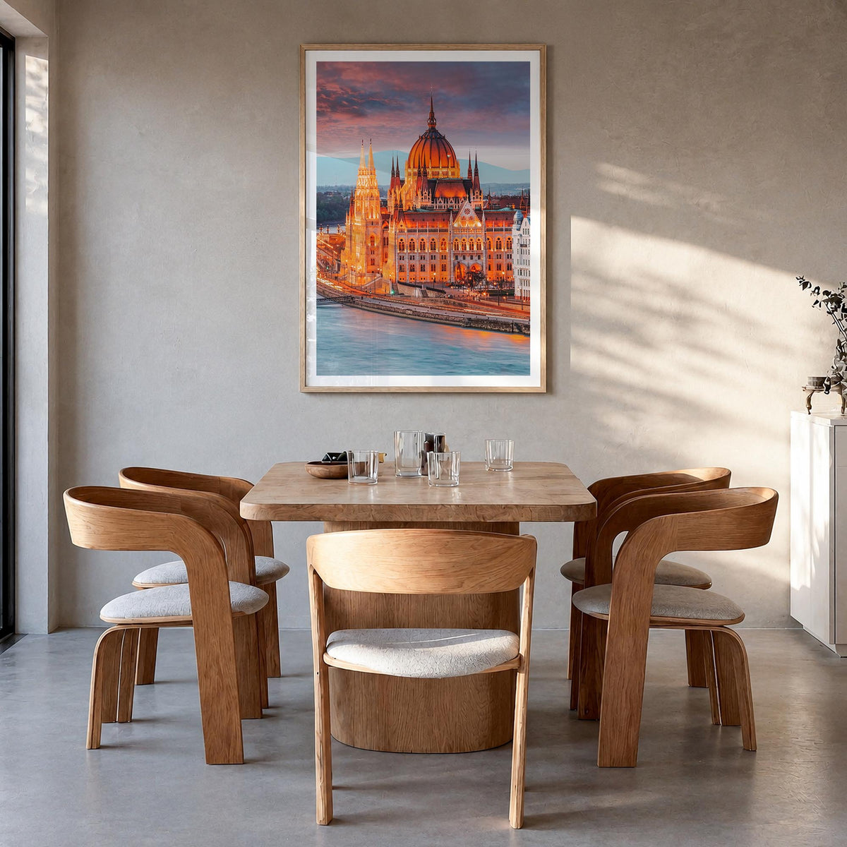 Budapest no. 2 colorful photo poster of Hungary – vertical wall art in natural wood frame with white border, hanging on wall