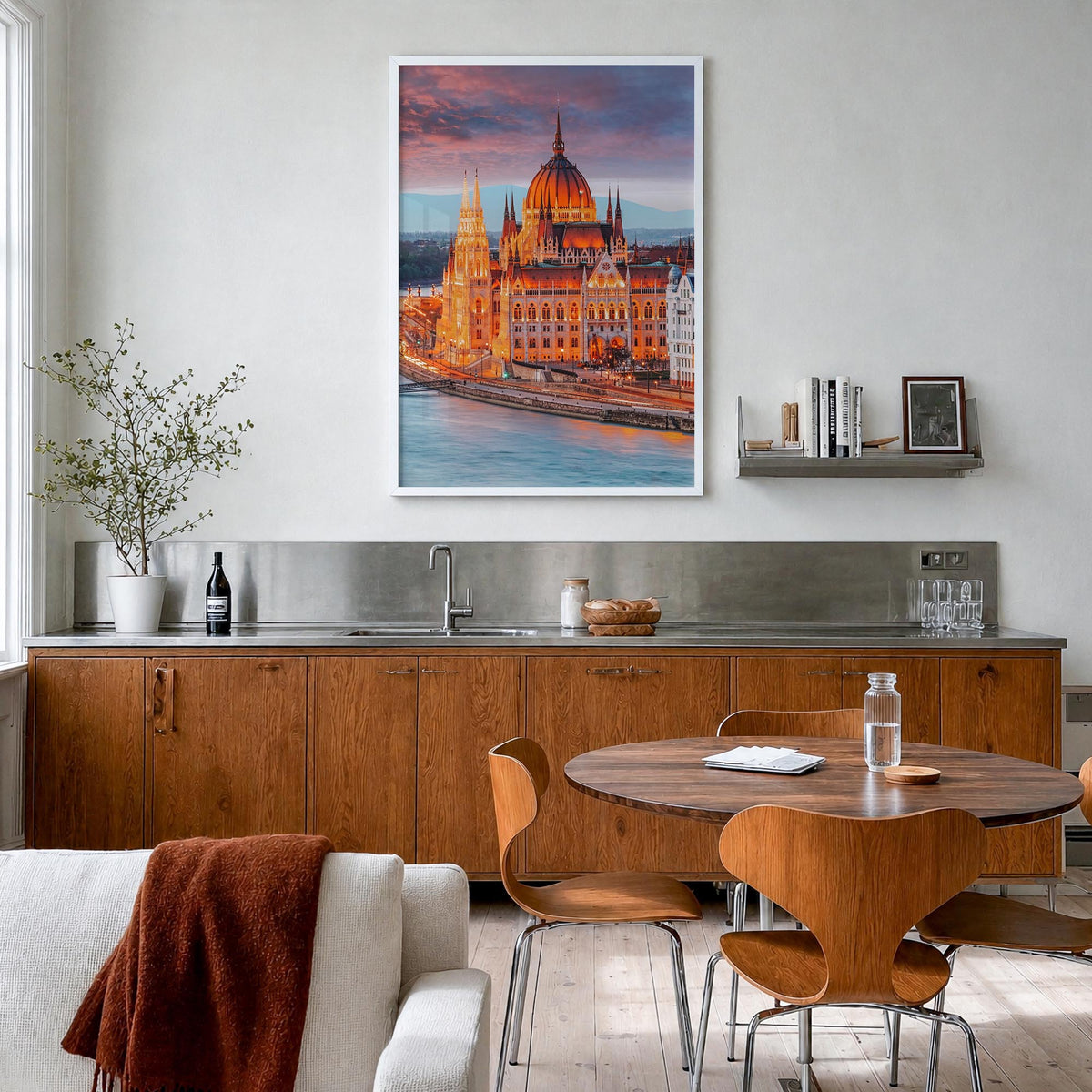 Budapest no. 2 colorful photo poster of Hungary – vertical wall art in white wood frame, hanging on wall