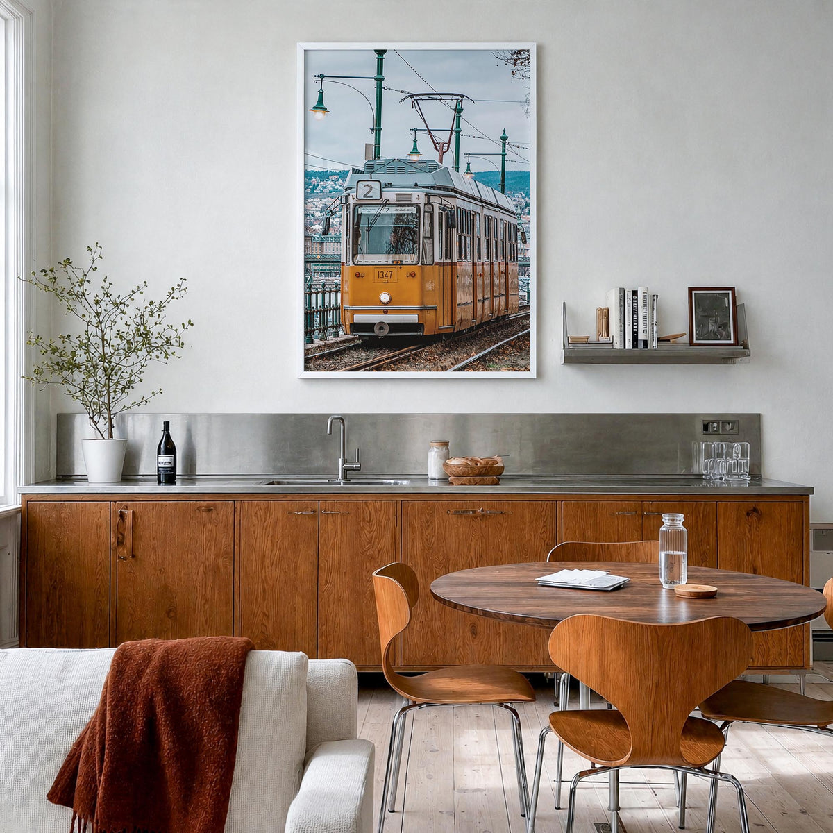 Budapest no. 3 colorful photo poster of Hungary – vertical wall art in white wood frame, hanging on wall
