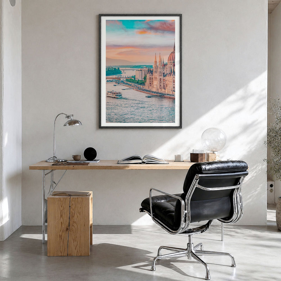 Budapest Photo No 1 Poster in a black wood frame, hanging in a bright home office, white border