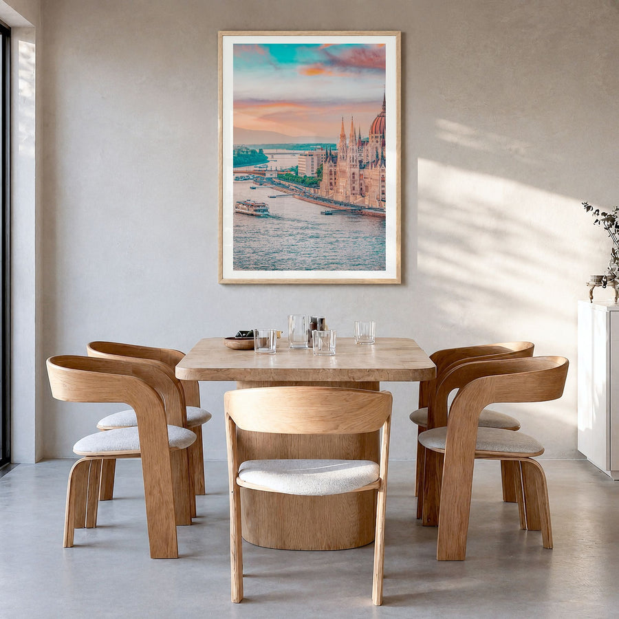 Budapest Photo No 1 Poster in a natural wood frame, hanging in a dining room, white border