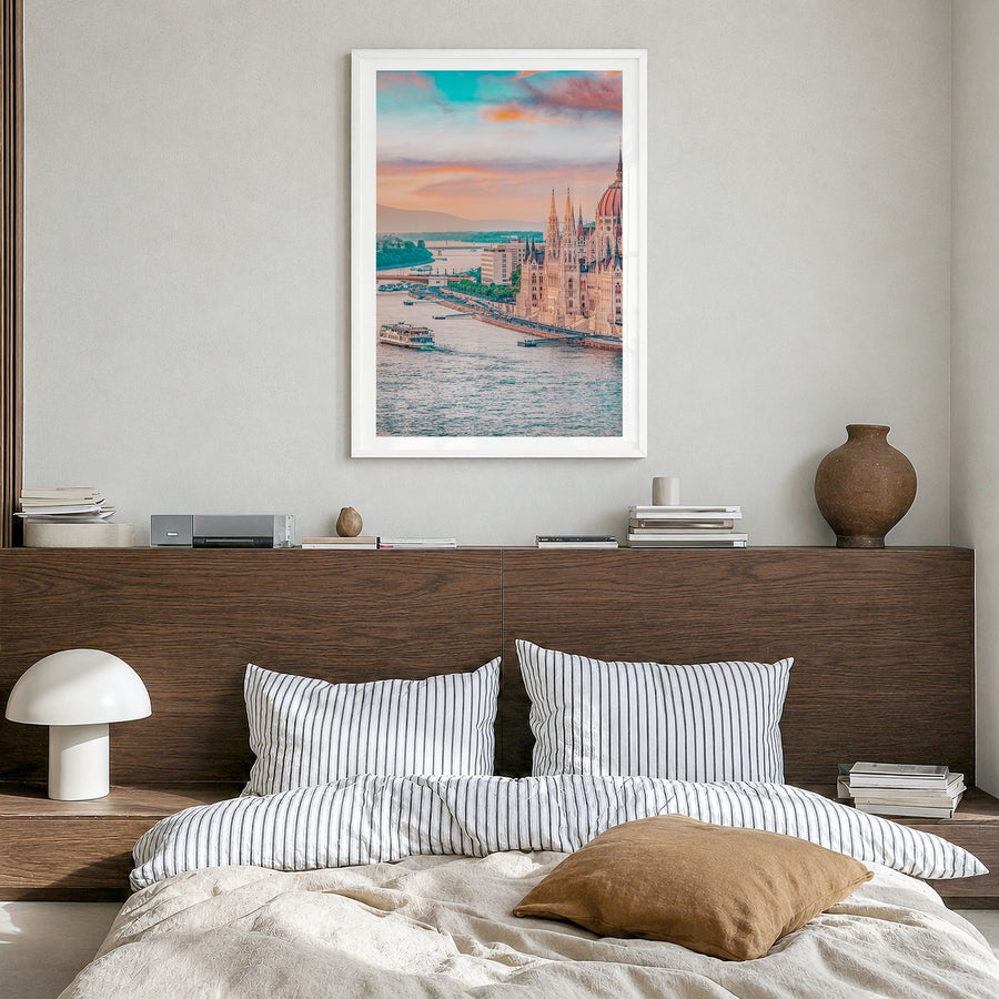 Budapest Photo No 1 Poster in a white wood frame, hanging in a bedroom, white border