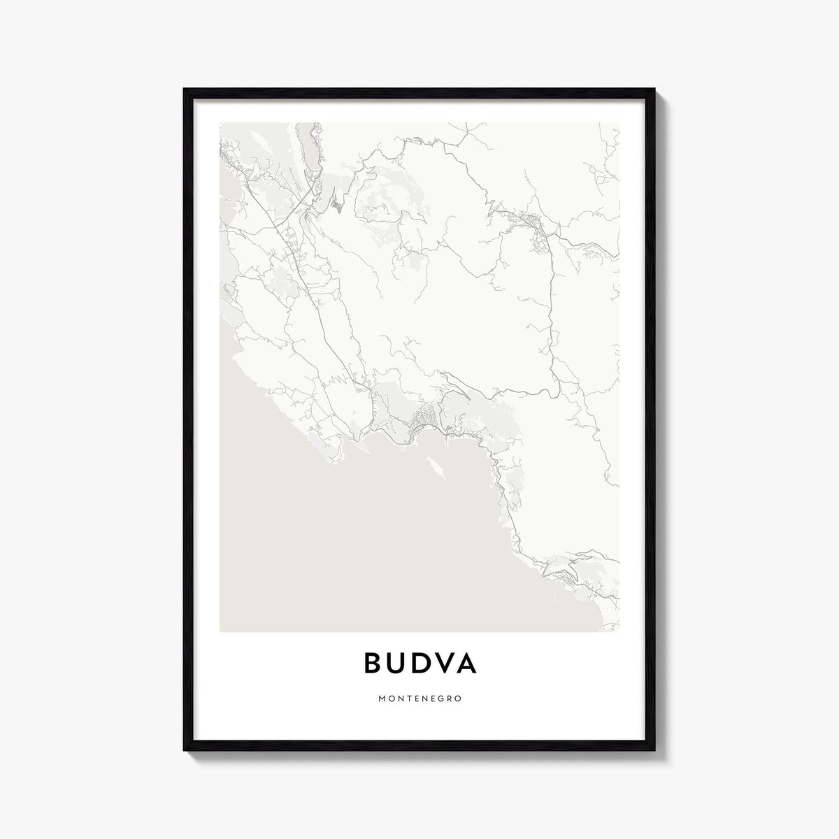 Budva black & white map poster of Montenegro – vertical wall art, unframed print shown in interior mockup