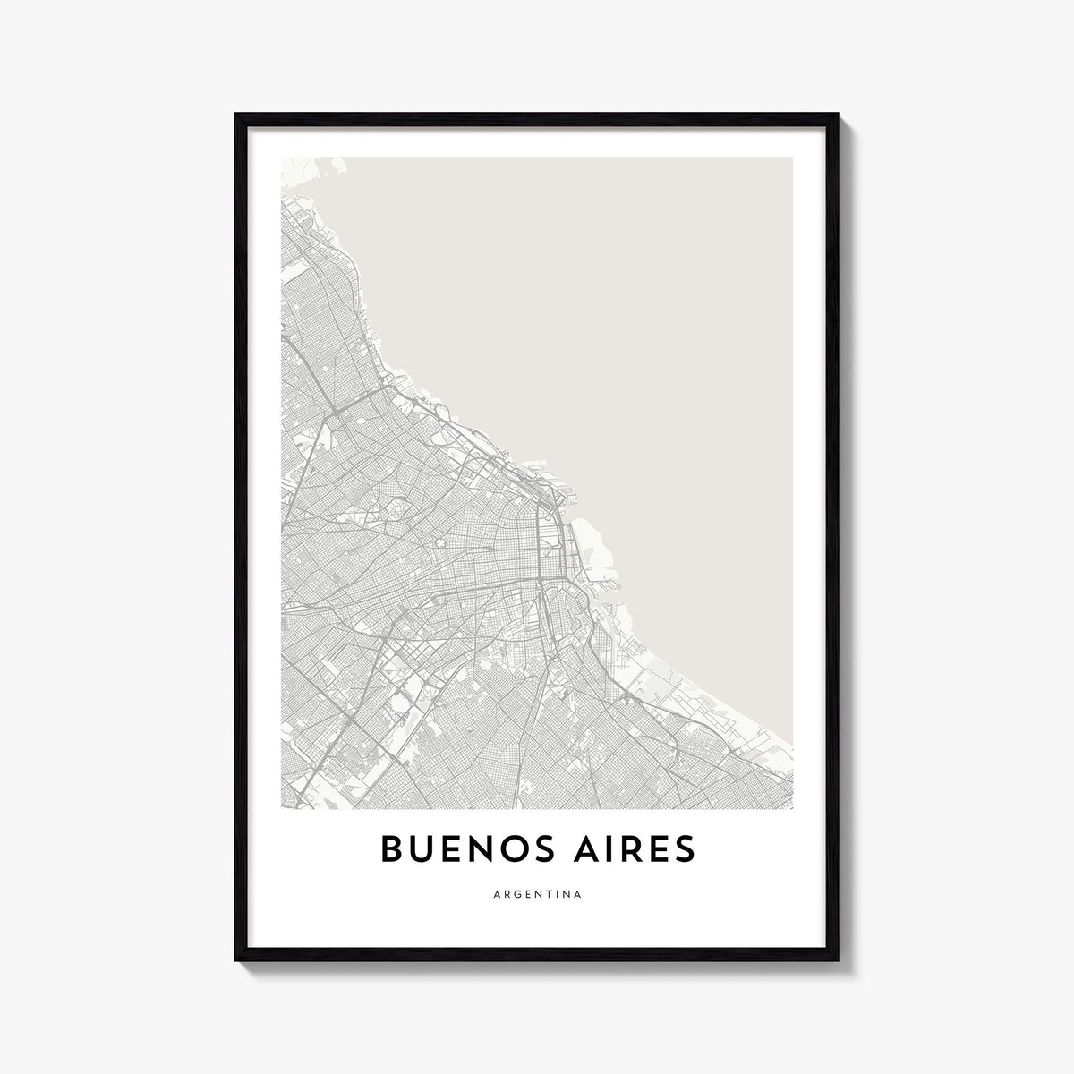 Buenos Aires black & white map poster of Argentina – vertical wall art, unframed print shown in interior mockup