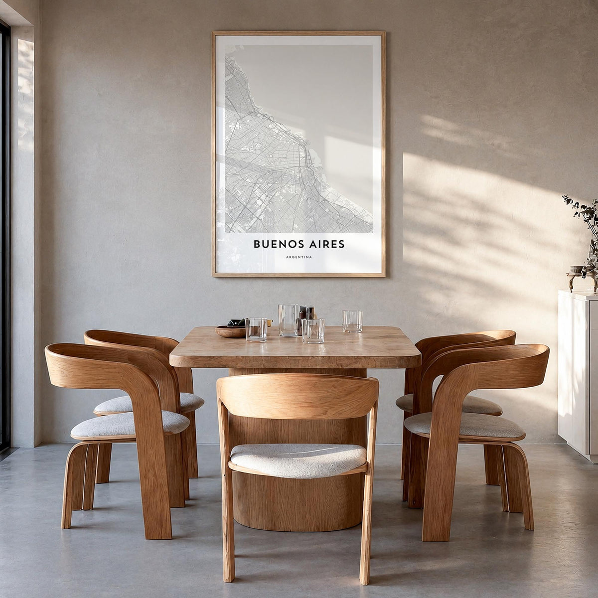Buenos Aires black & white map poster of Argentina – vertical wall art in natural wood frame, hanging on wall