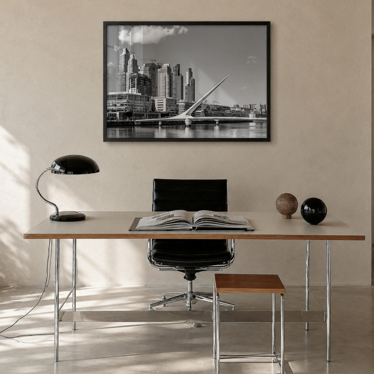 Buenos Aires black & white photo poster of Argentina – horizontal wall art in black wood frame, hanging on wall