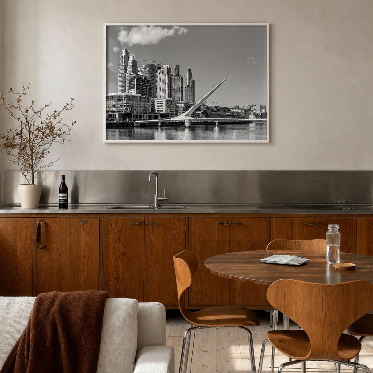 Buenos Aires black & white photo poster of Argentina – horizontal wall art in white wood frame, hanging on wall