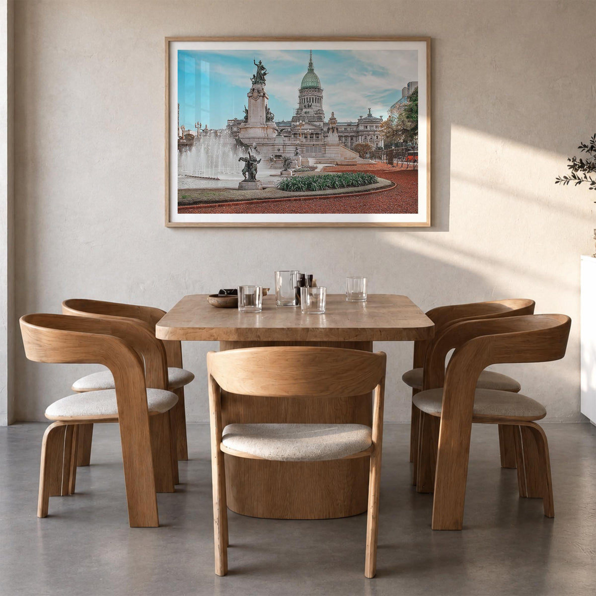 Buenos Aires colorful photo poster of Argentina – horizontal wall art in natural wood frame with white border, hanging on wal