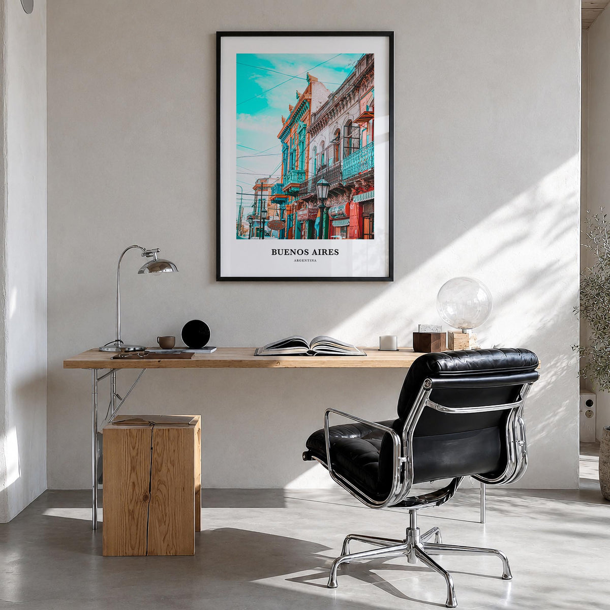 Buenos Aires no. 1 colorful classic poster of Argentina – vertical wall art in black wood frame, hanging on wall