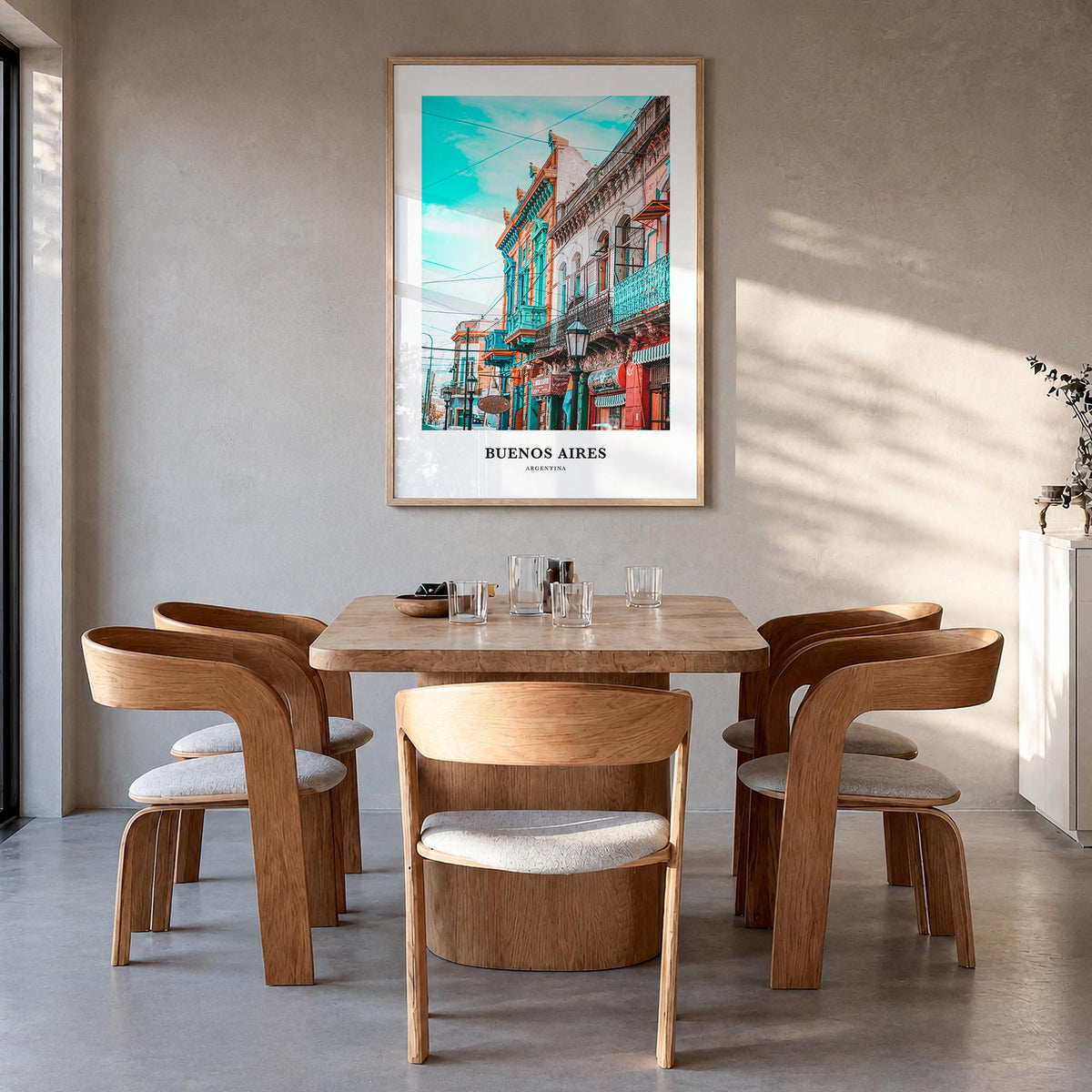 Buenos Aires no. 1 colorful classic poster of Argentina – vertical wall art in natural wood frame, hanging on wall