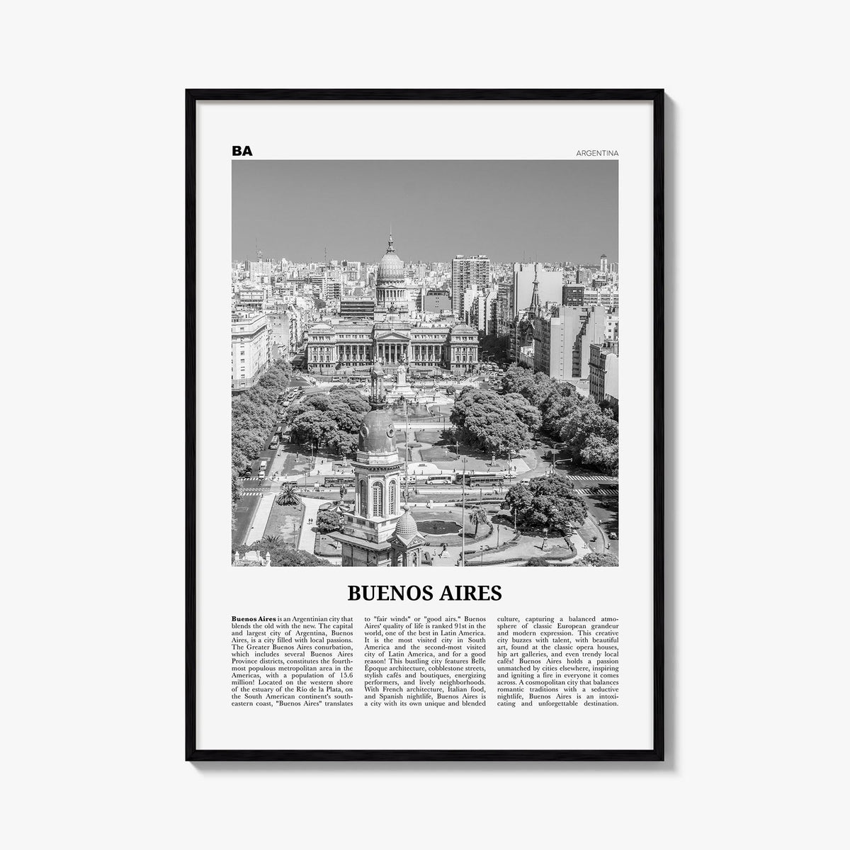 Buenos Aires no. 2 black & white newspaper poster of Argentina – vertical wall art, unframed print shown in interior mockup