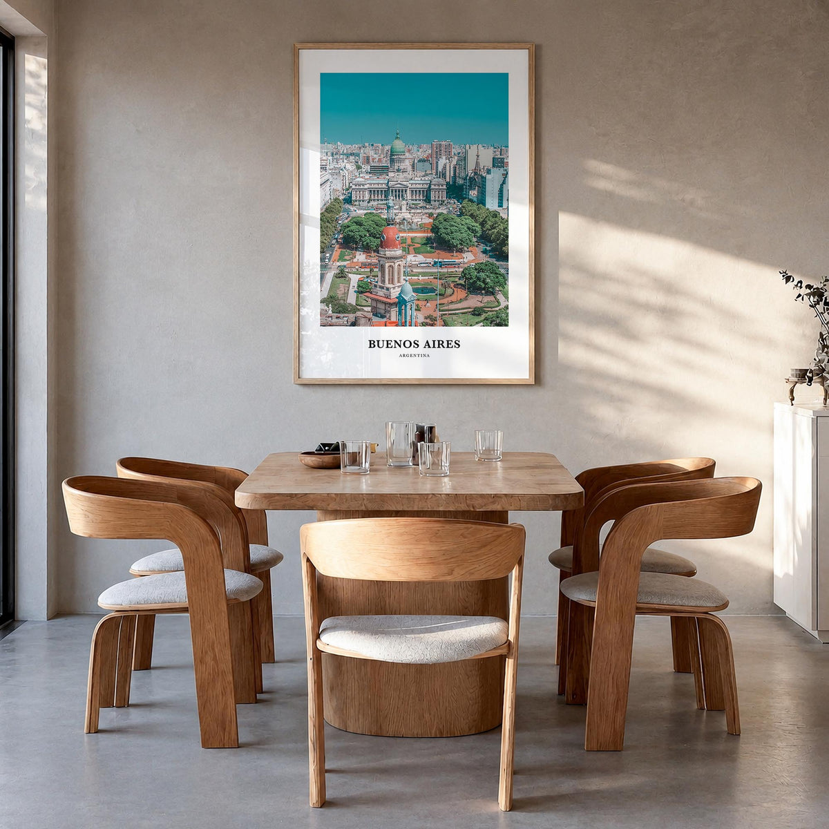 Buenos Aires no. 2 colorful classic poster of Argentina – vertical wall art in natural wood frame, hanging on wall