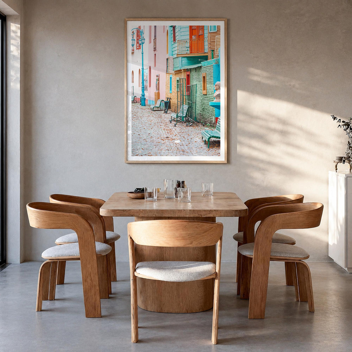 Buenos Aires no. 2 colorful photo poster of Argentina – vertical wall art in natural wood frame with white border, hanging on