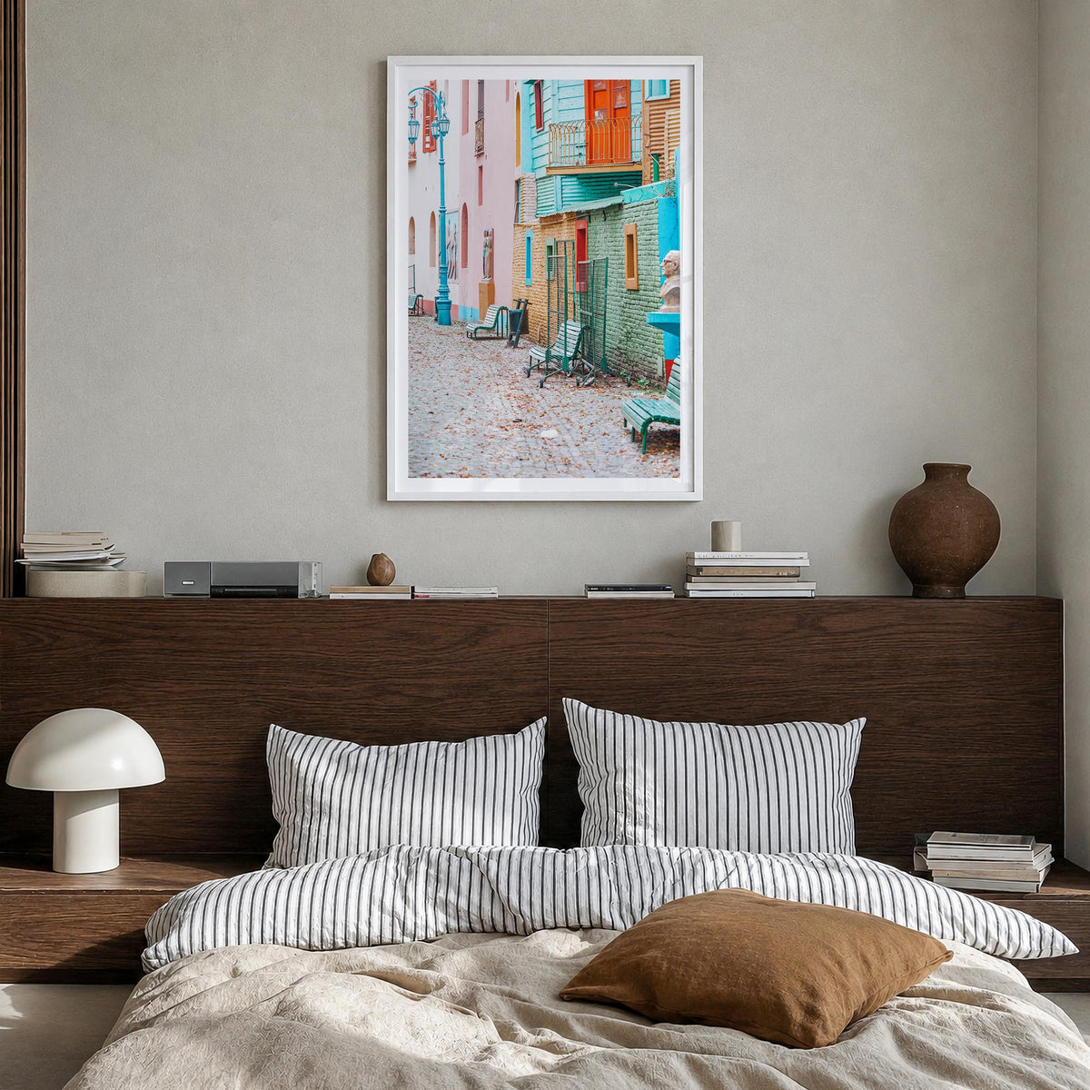 Buenos Aires no. 2 colorful photo poster of Argentina – vertical wall art in white wood frame with white border, hanging on w