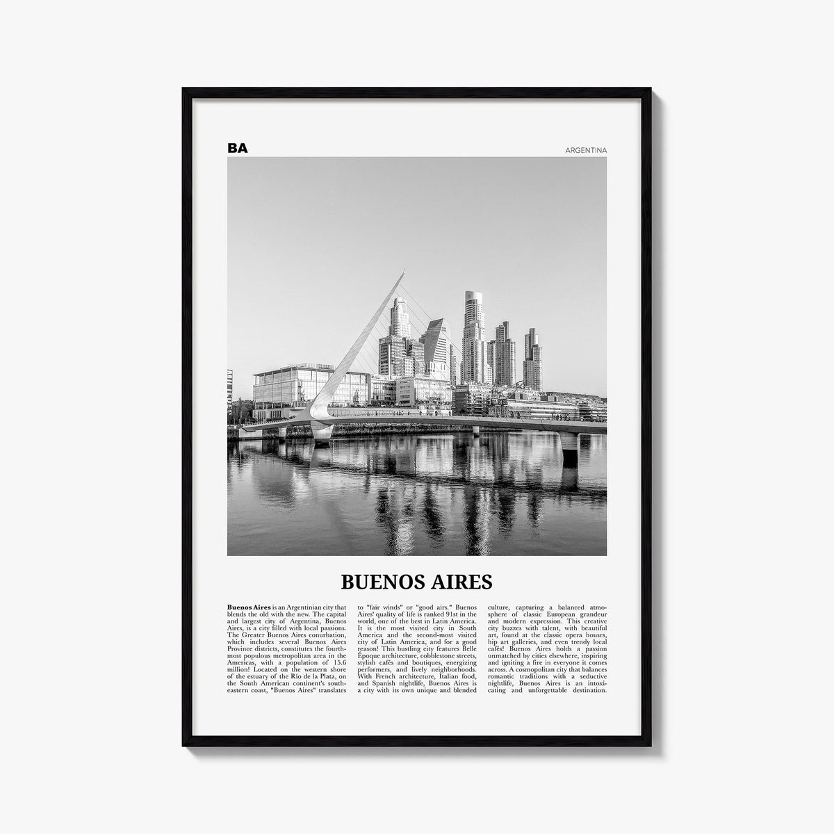 Buenos Aires no. 3 black & white newspaper poster of Argentina – vertical wall art, unframed print shown in interior mockup