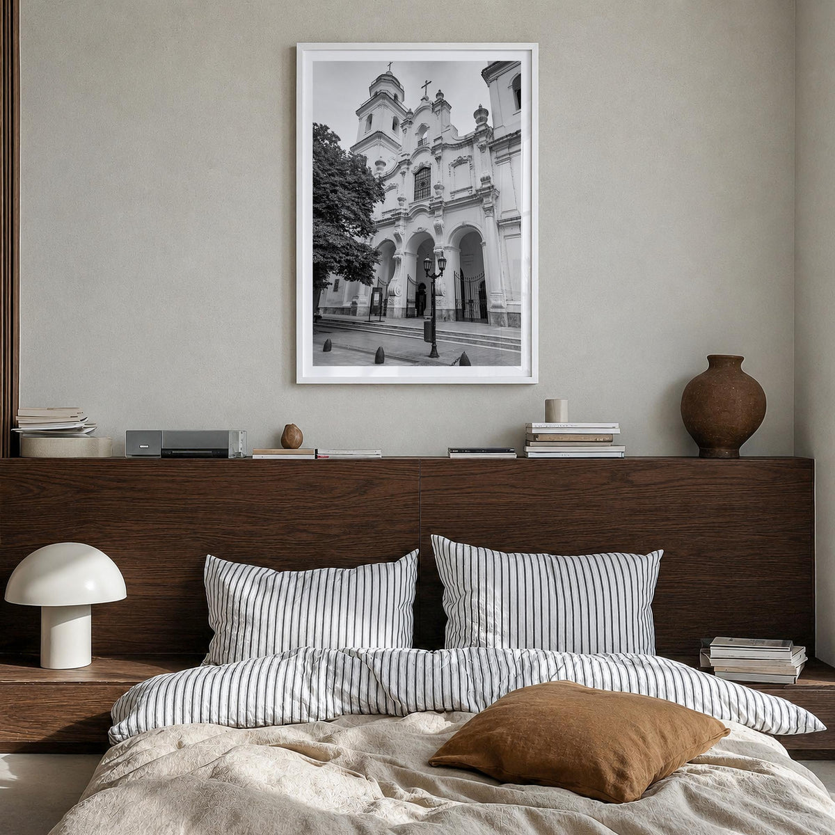 Buenos Aires no. 3 black & white photo poster of Argentina – vertical wall art in white wood frame with white border, hanging