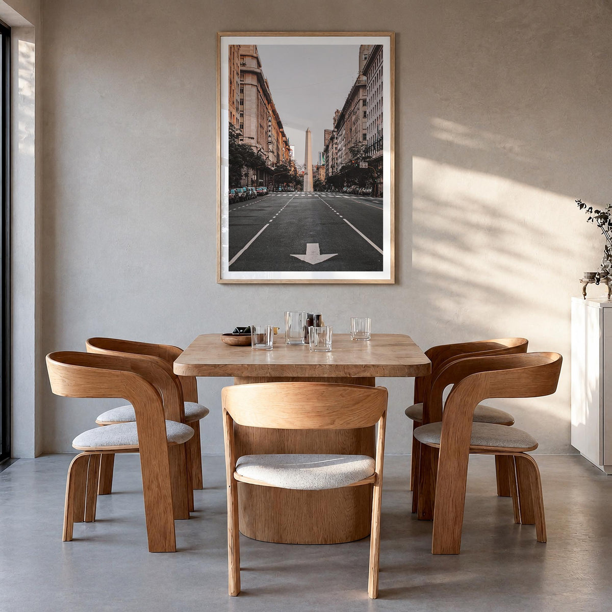 Buenos Aires no. 3 colorful photo poster of Argentina – vertical wall art in natural wood frame with white border, hanging on
