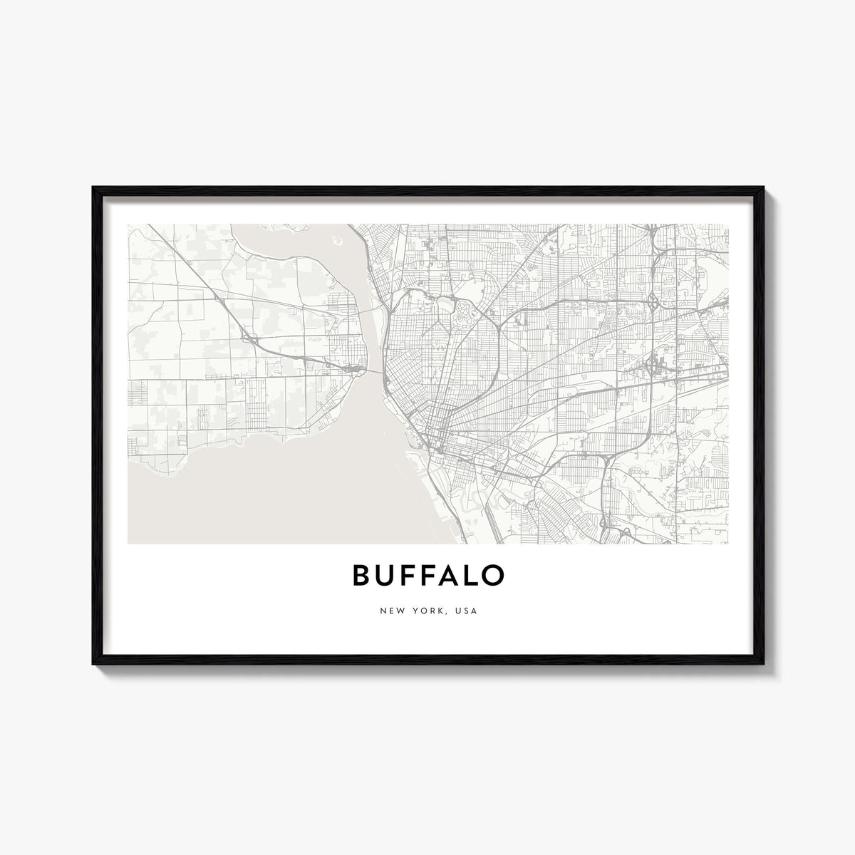 Buffalo black & white map poster of New York, USA – horizontal wall art, unframed print shown in interior mockup