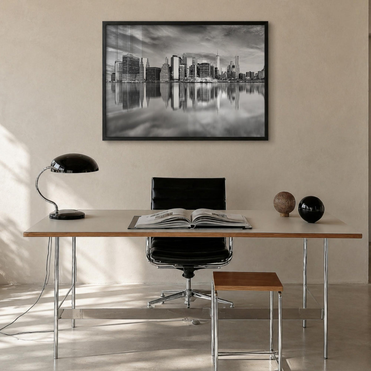Buffalo black & white photo poster of New York, USA – horizontal wall art in black wood frame, hanging on wall