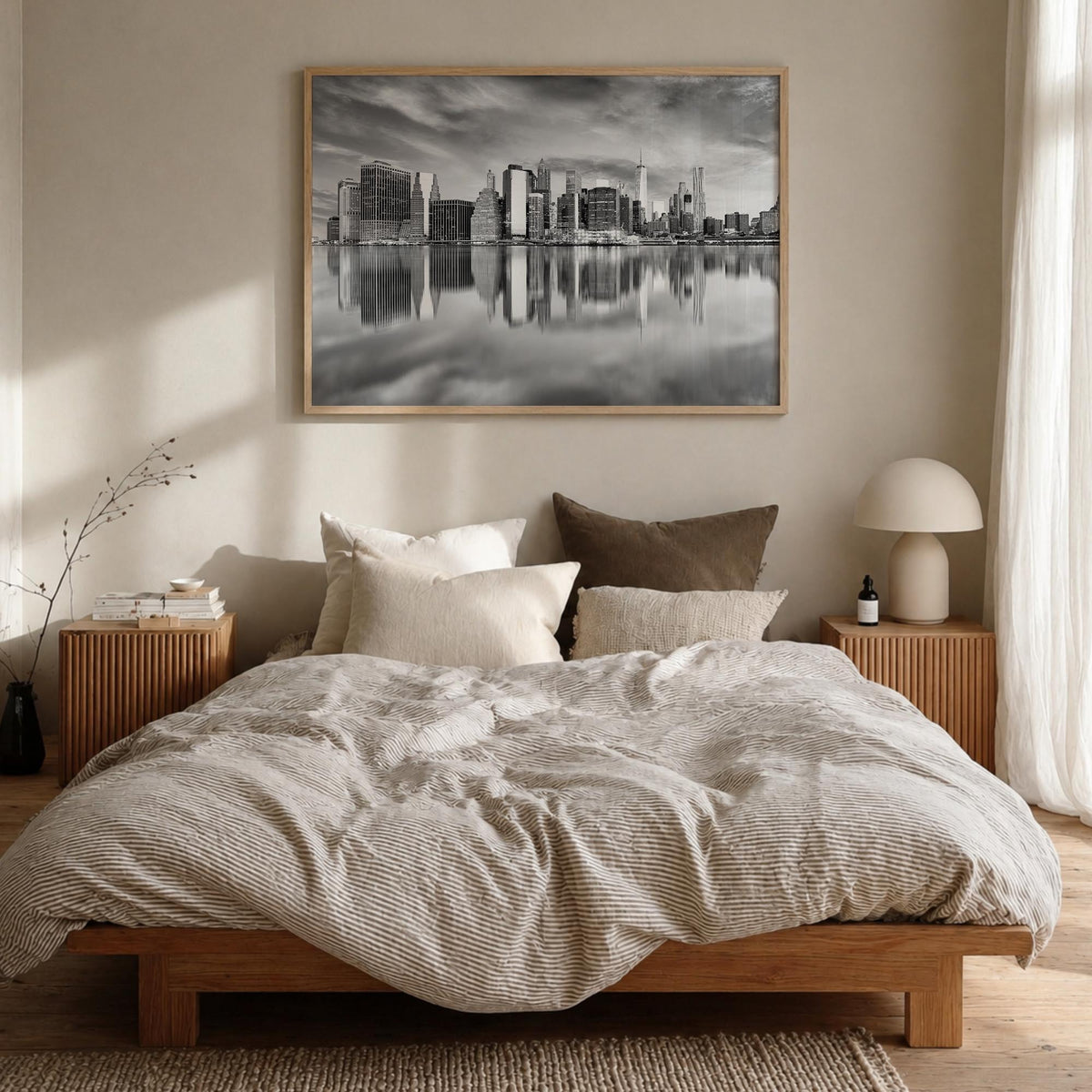 Buffalo black & white photo poster of New York, USA – horizontal wall art in natural wood frame, hanging on wall