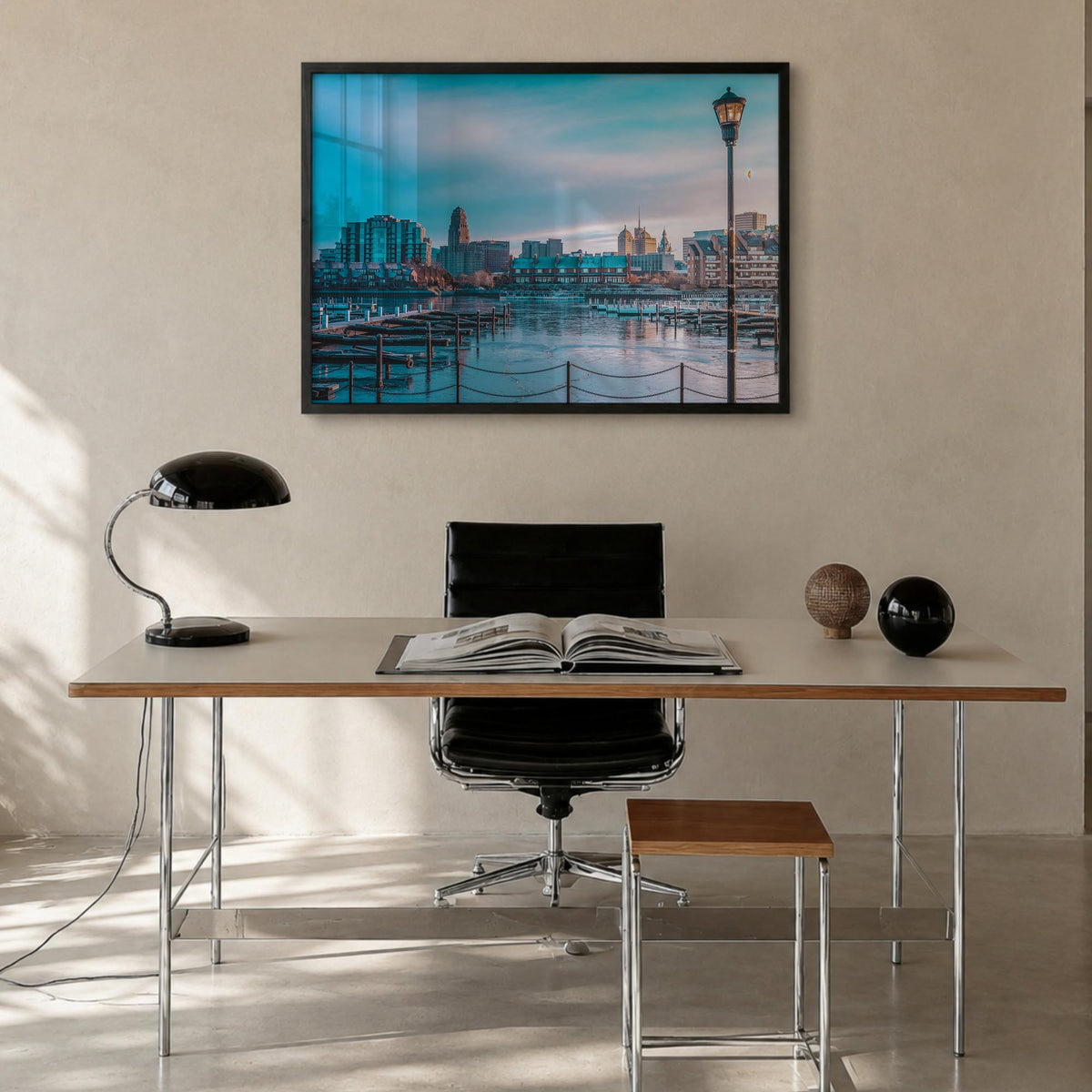 Buffalo colorful photo poster of New York, USA – horizontal wall art in black wood frame, hanging on wall