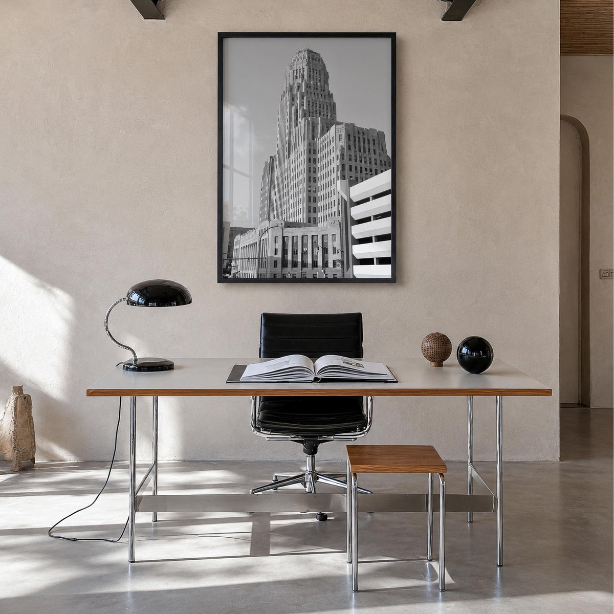 Buffalo no. 1 black & white photo poster of New York, USA – vertical wall art in black wood frame, hanging on wall
