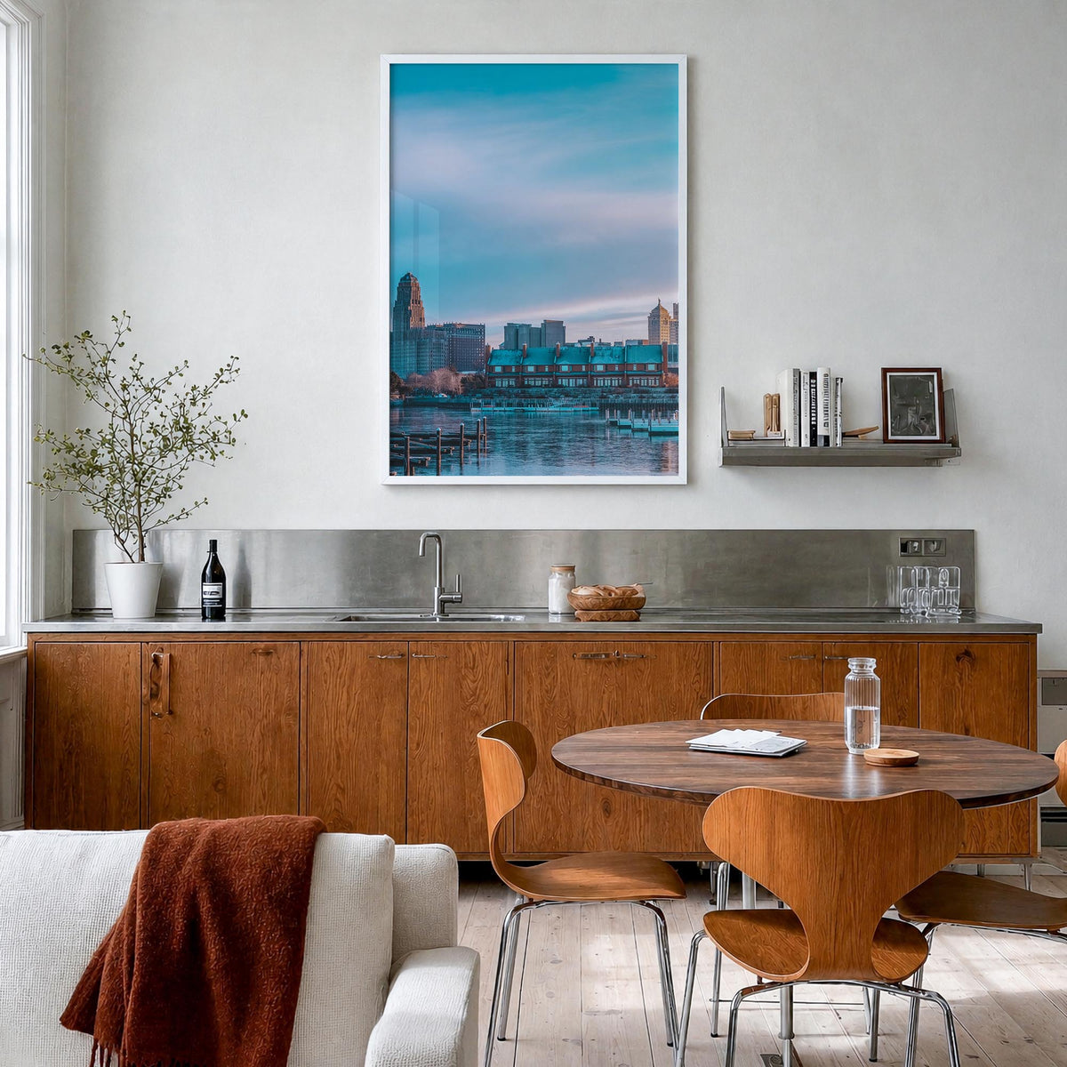 Buffalo no. 1 colorful photo poster of New York, USA – vertical wall art in white wood frame, hanging on wall