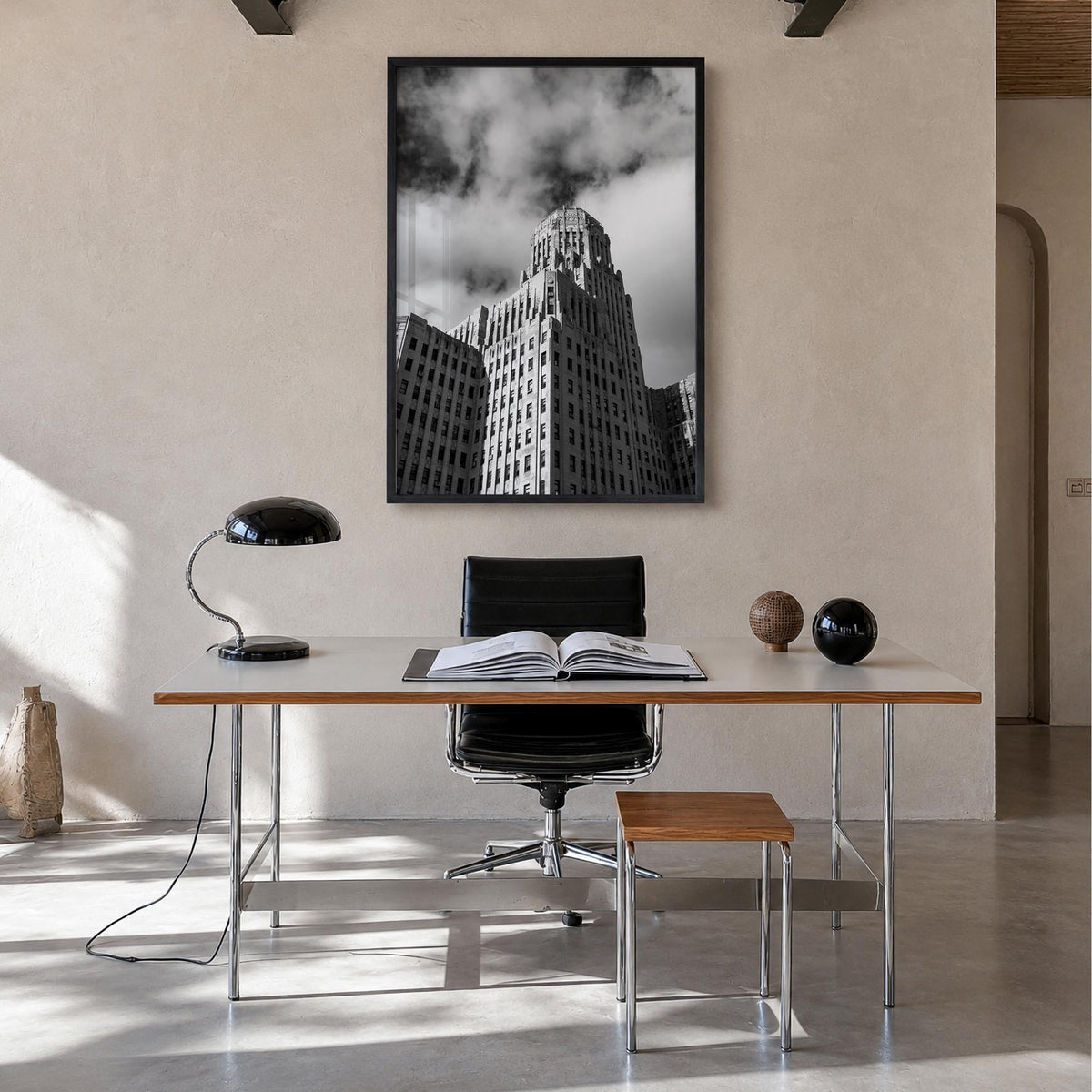 Buffalo no. 2 black & white photo poster of New York, USA – vertical wall art in black wood frame, hanging on wall