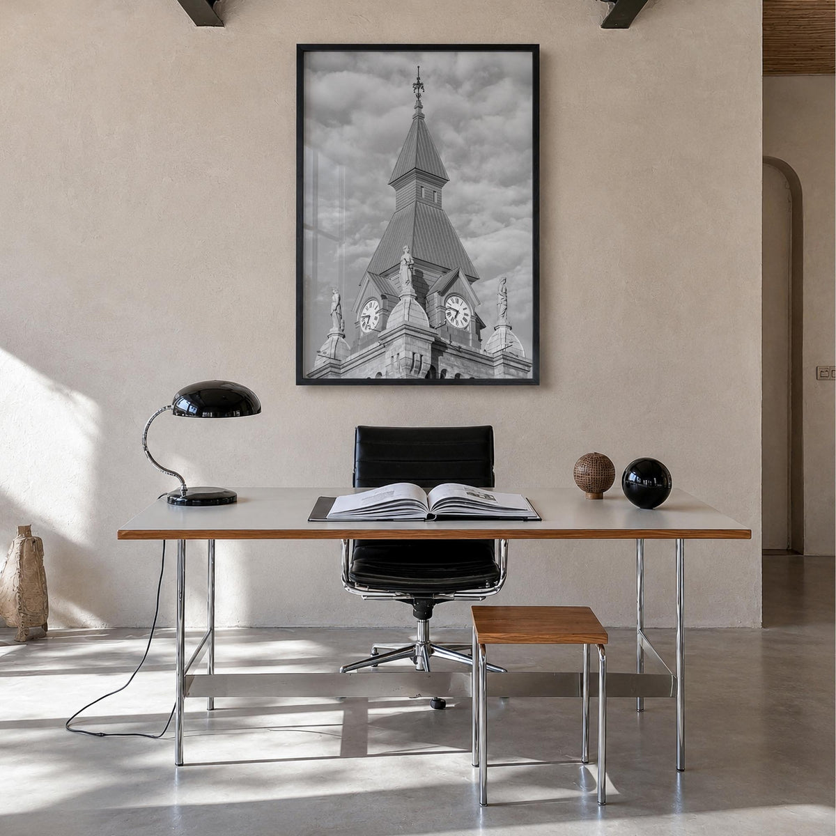 Buffalo no. 3 black & white photo poster of New York, USA – vertical wall art in black wood frame, hanging on wall