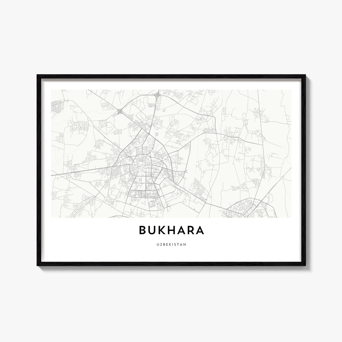 Bukhara black & white map poster of Uzbekistan – horizontal wall art, unframed print shown in interior mockup
