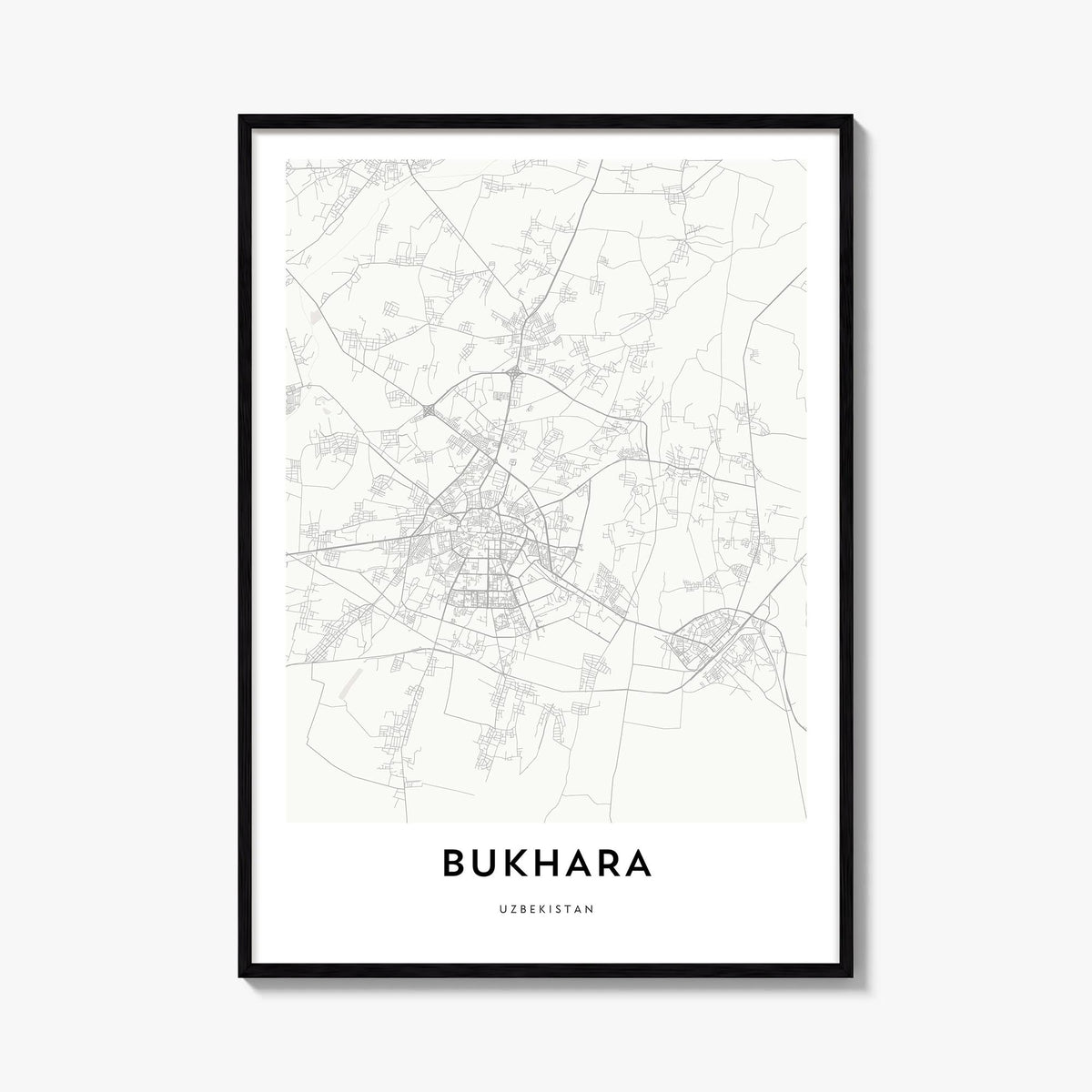 Bukhara black & white map poster of Uzbekistan – vertical wall art, unframed print shown in interior mockup