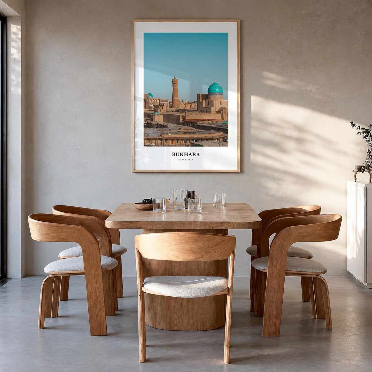 Bukhara colorful classic poster of Uzbekistan – vertical wall art in natural wood frame, hanging on wall