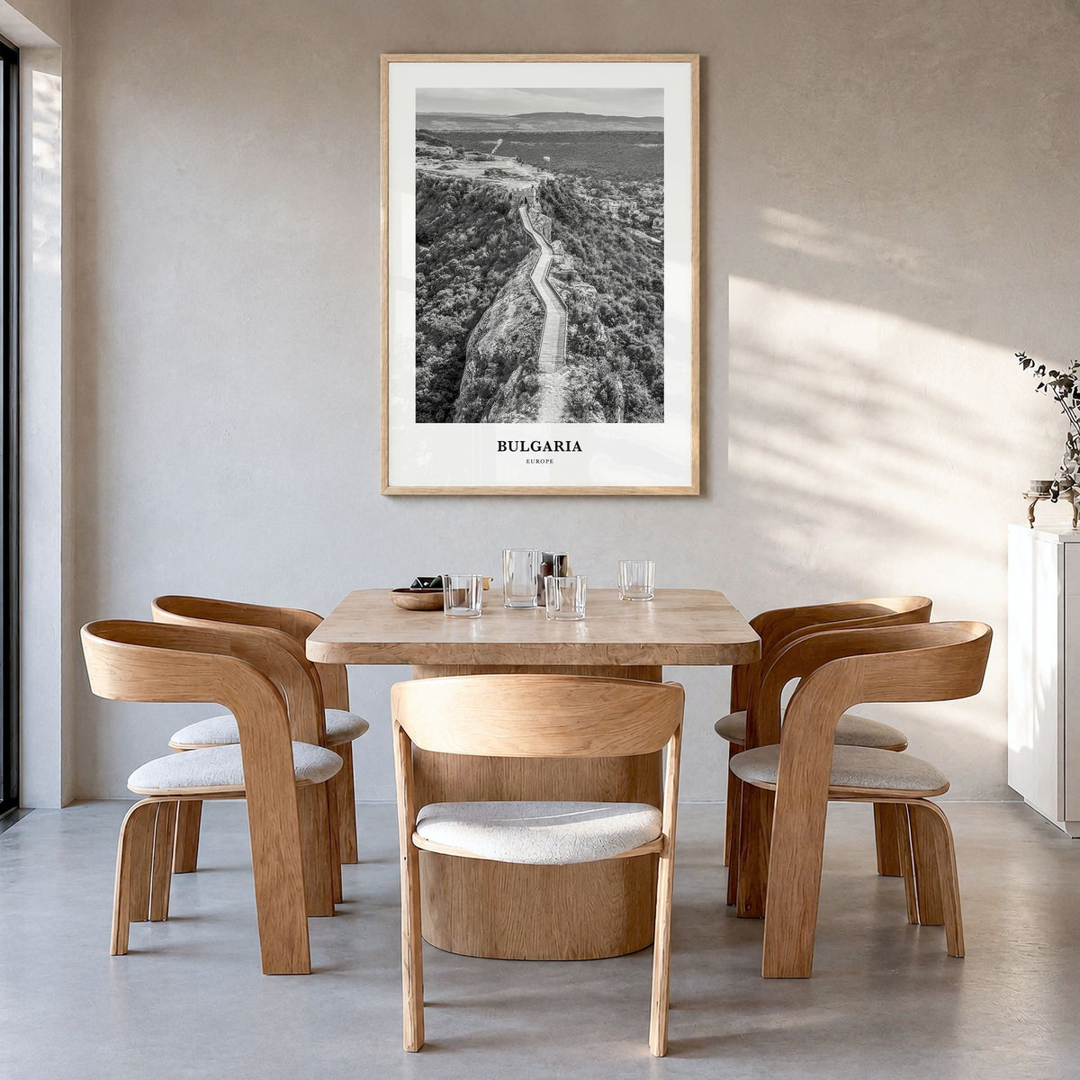 Bulgaria Classic Poster in a natural wood frame, hanging in a dining room