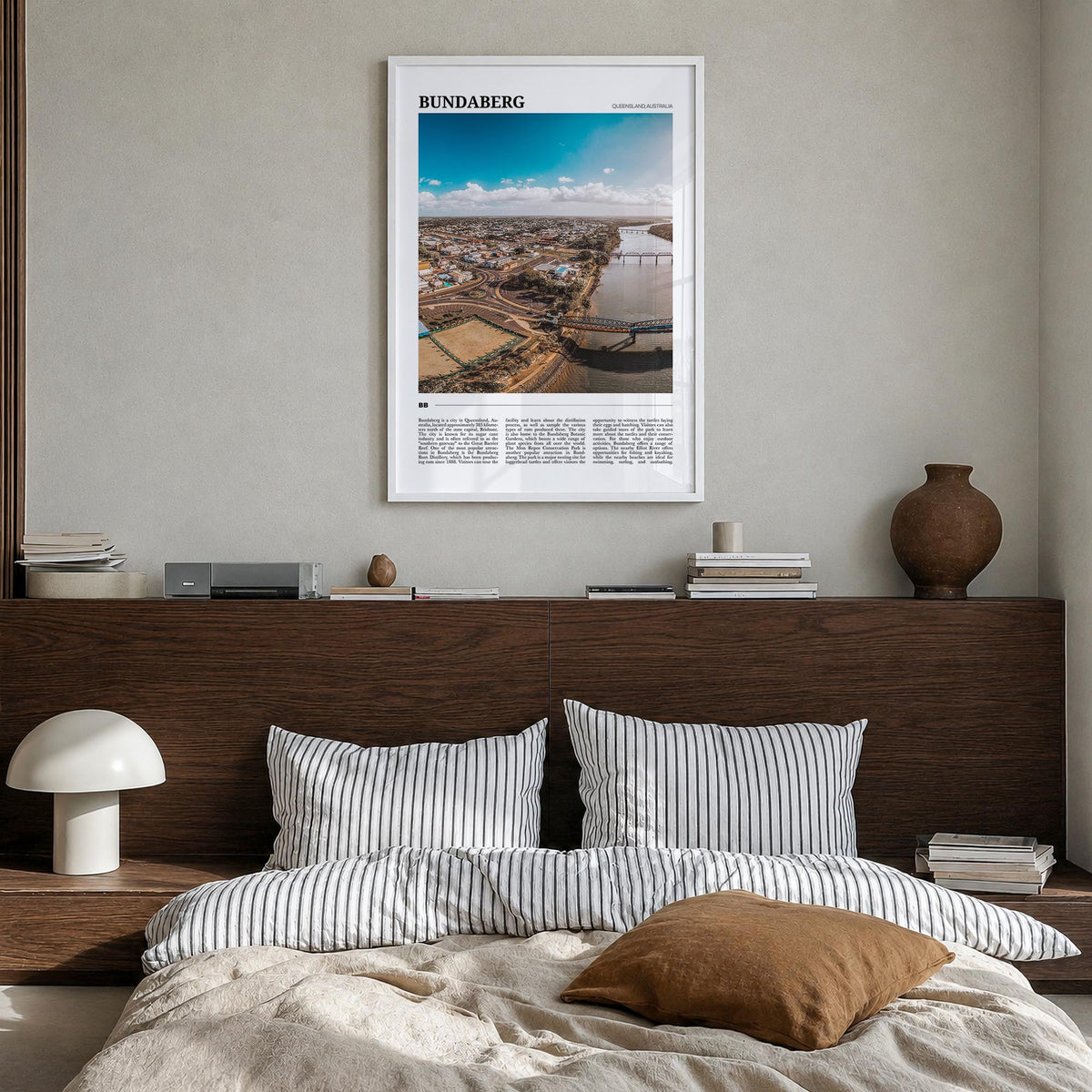 Bundaberg no. 1 colorful travel poster of Australia – vertical wall art in white wood frame, hanging on wall