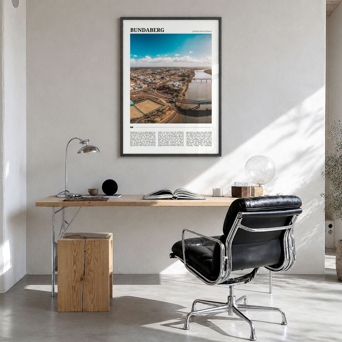 Bundaberg Travel No 1 Poster in a black wood frame, hanging in a bright home office