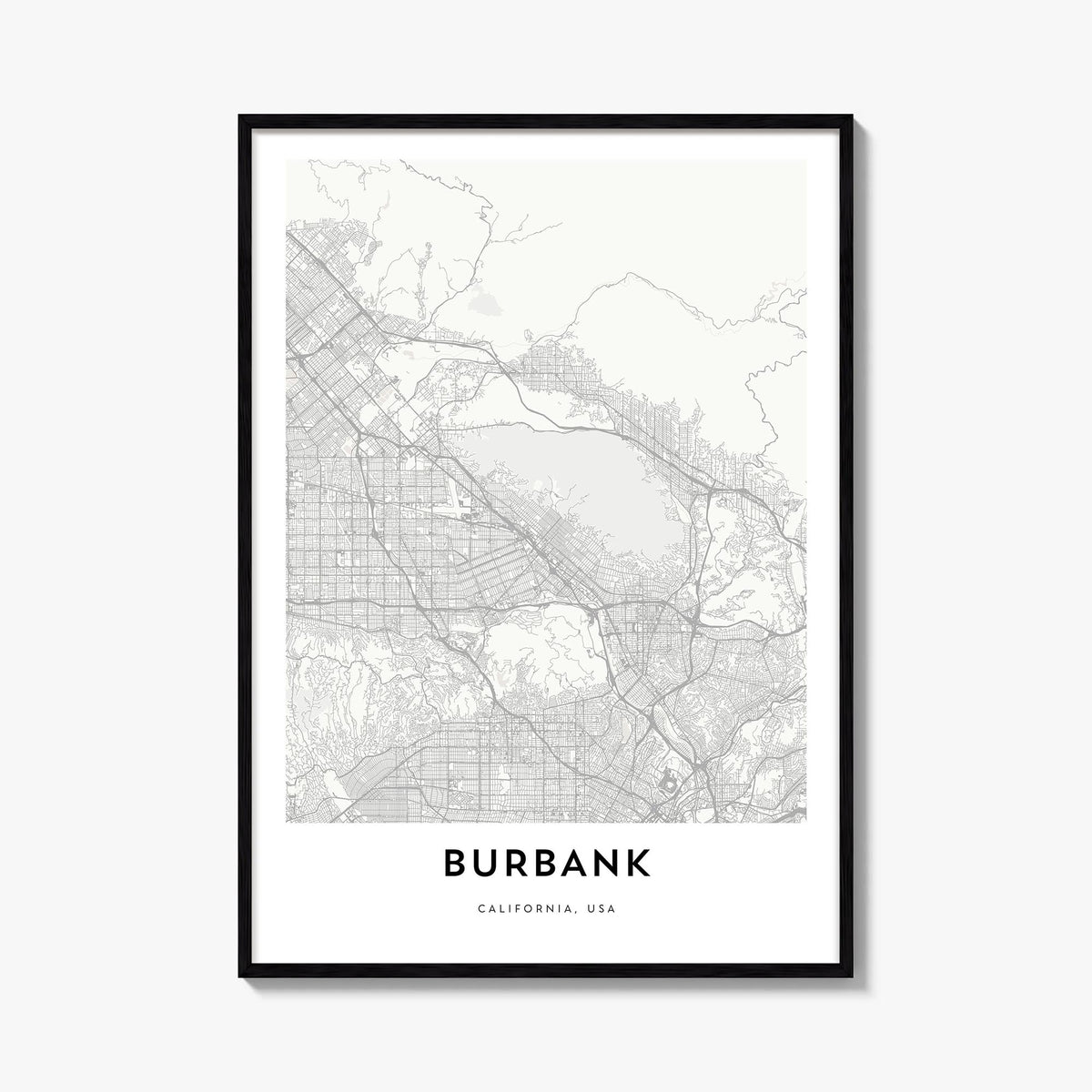 Burbank black & white map poster of California, USA – vertical wall art, unframed print shown in interior mockup