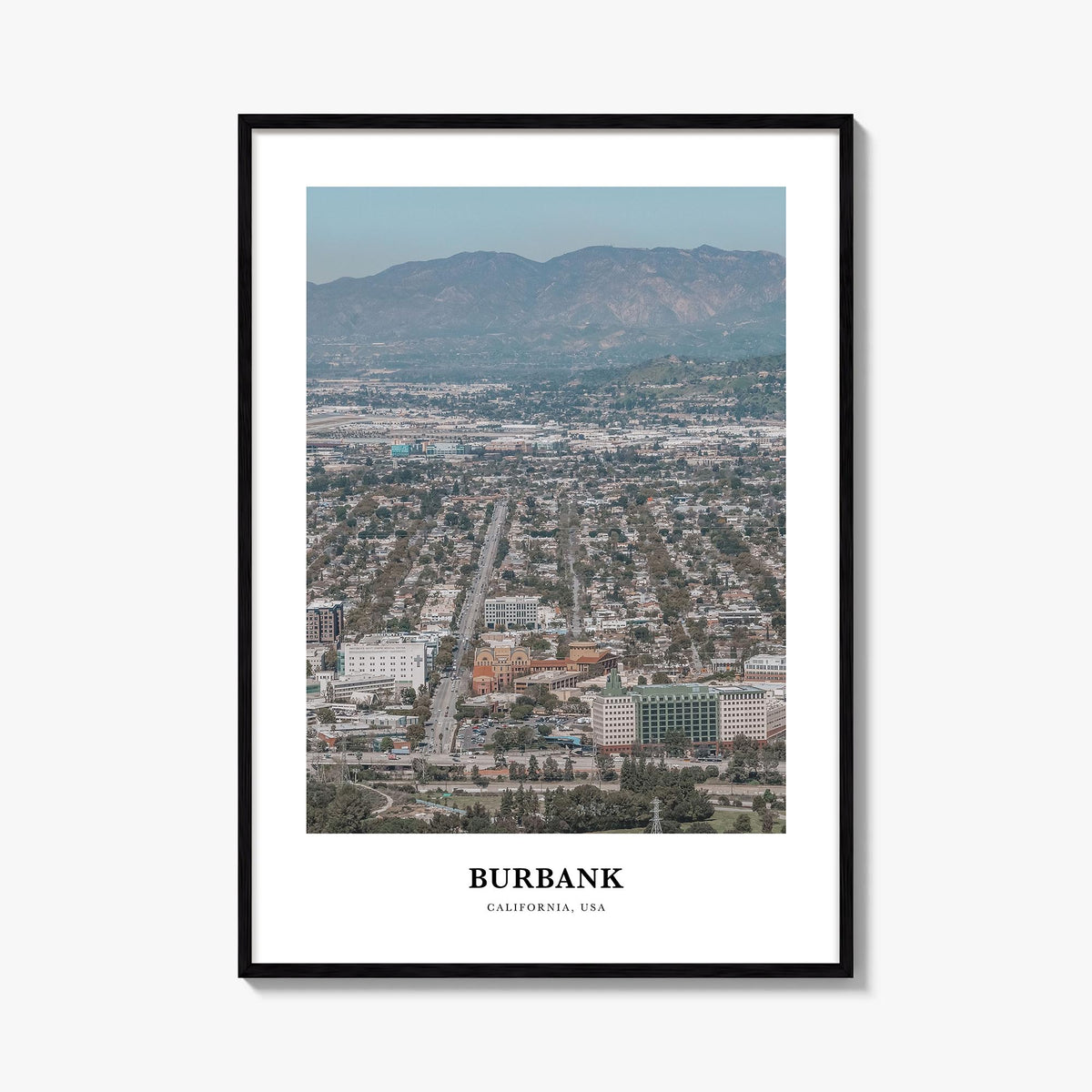 Burbank colorful classic poster of California, USA – vertical wall art, unframed print shown in interior mockup