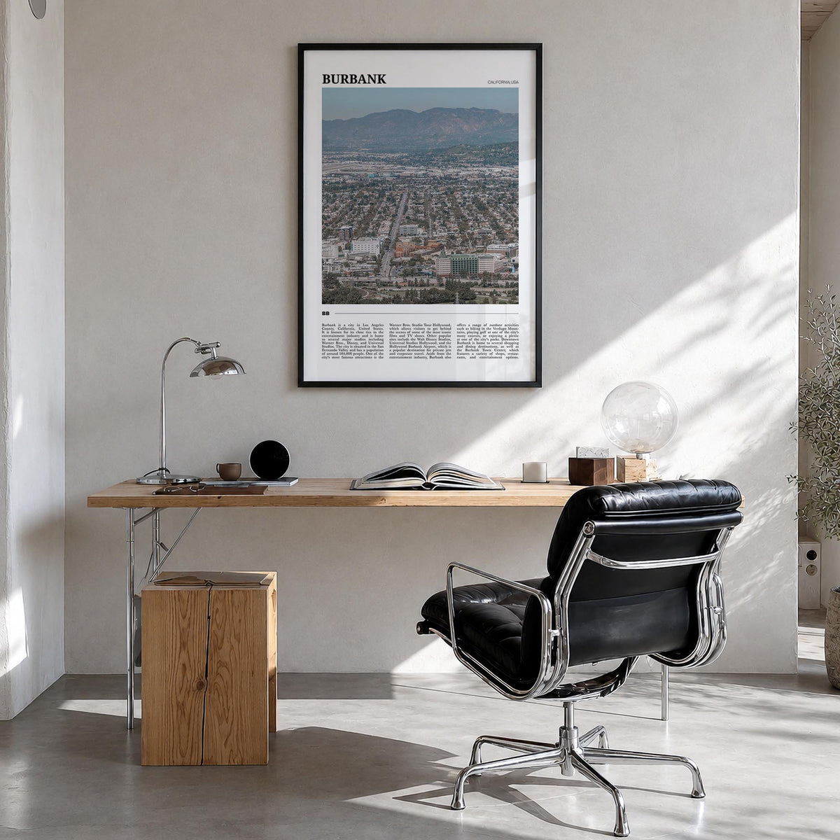 Burbank colorful travel poster of California, USA – vertical wall art in black wood frame, hanging on wall