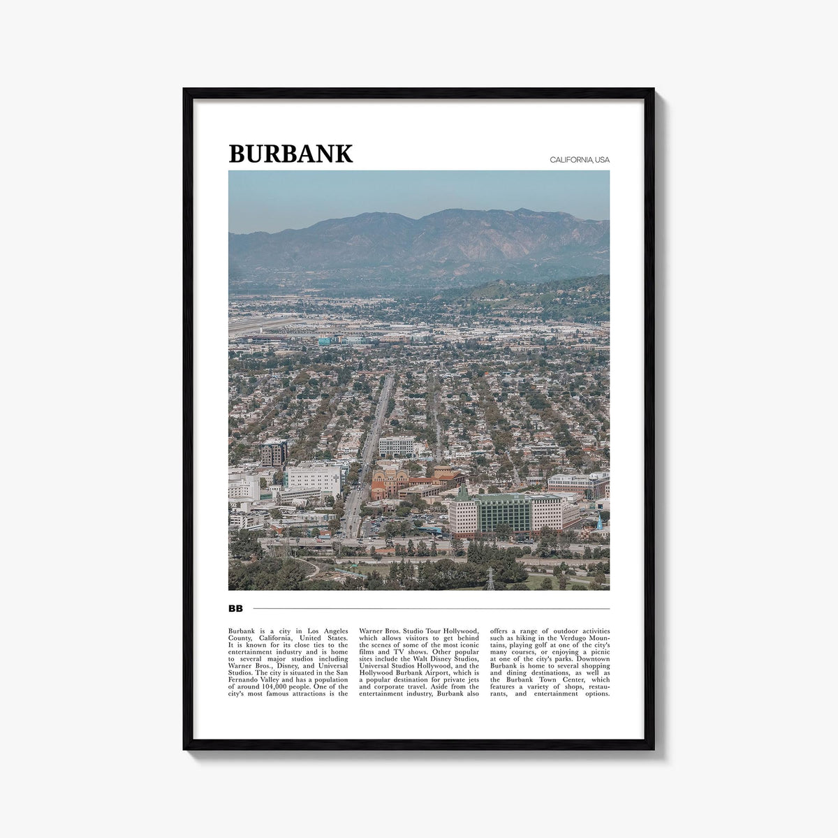 Burbank colorful travel poster of California, USA – vertical wall art, unframed print shown in interior mockup