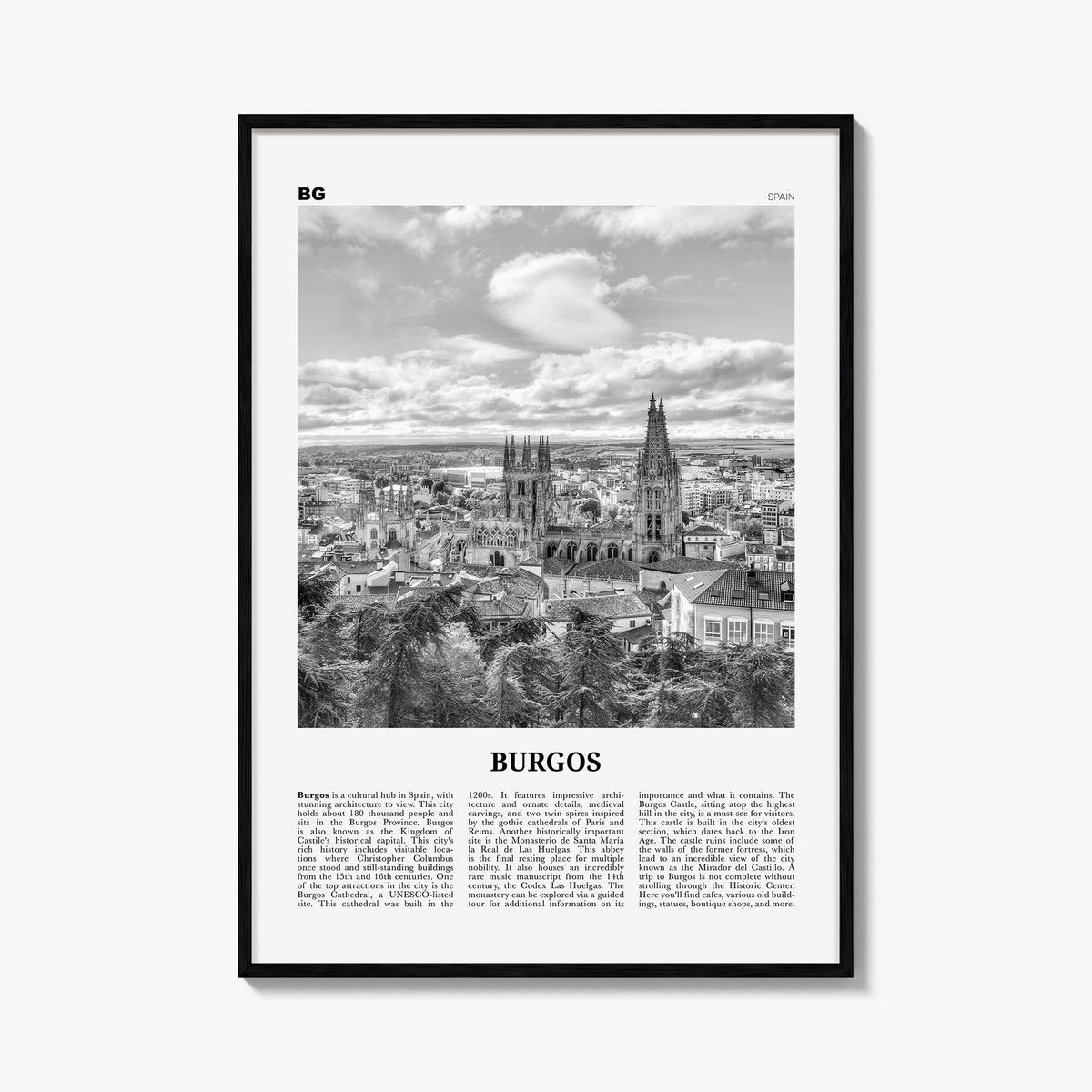 Burgos black & white newspaper poster of Spain – vertical wall art, unframed print shown in interior mockup